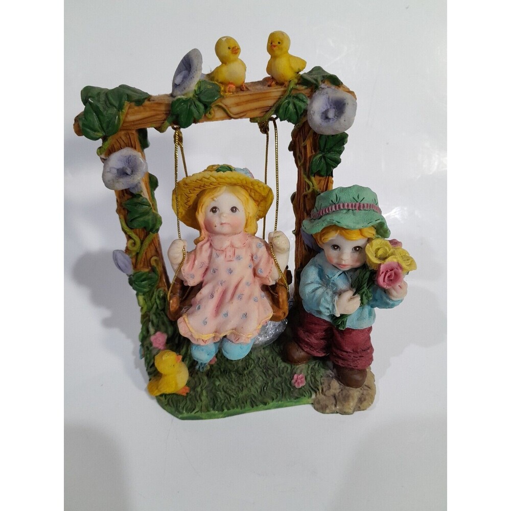 Ceramic Vintage Girl On Swing / Boy With Flowers In Nature, Figurine